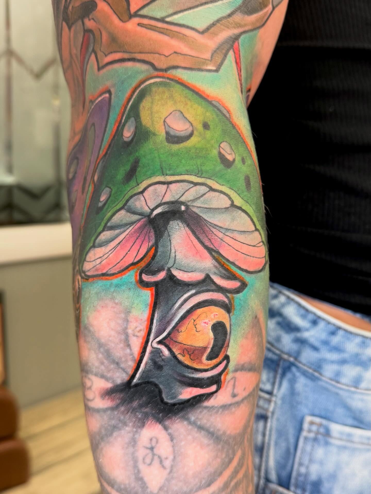 Mushroom dotwork tattoo on the forearm by Chris Smiseck