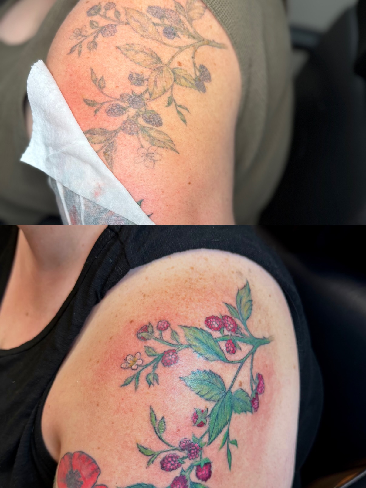 Flower branch new school tattoo on the shoulder by Skylar Sheeley