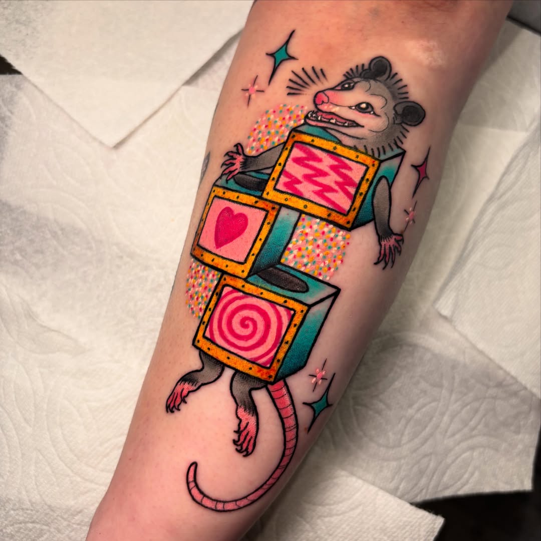 Possum with candy box American traditional tattoo on the forearm by ✨REiD✨
