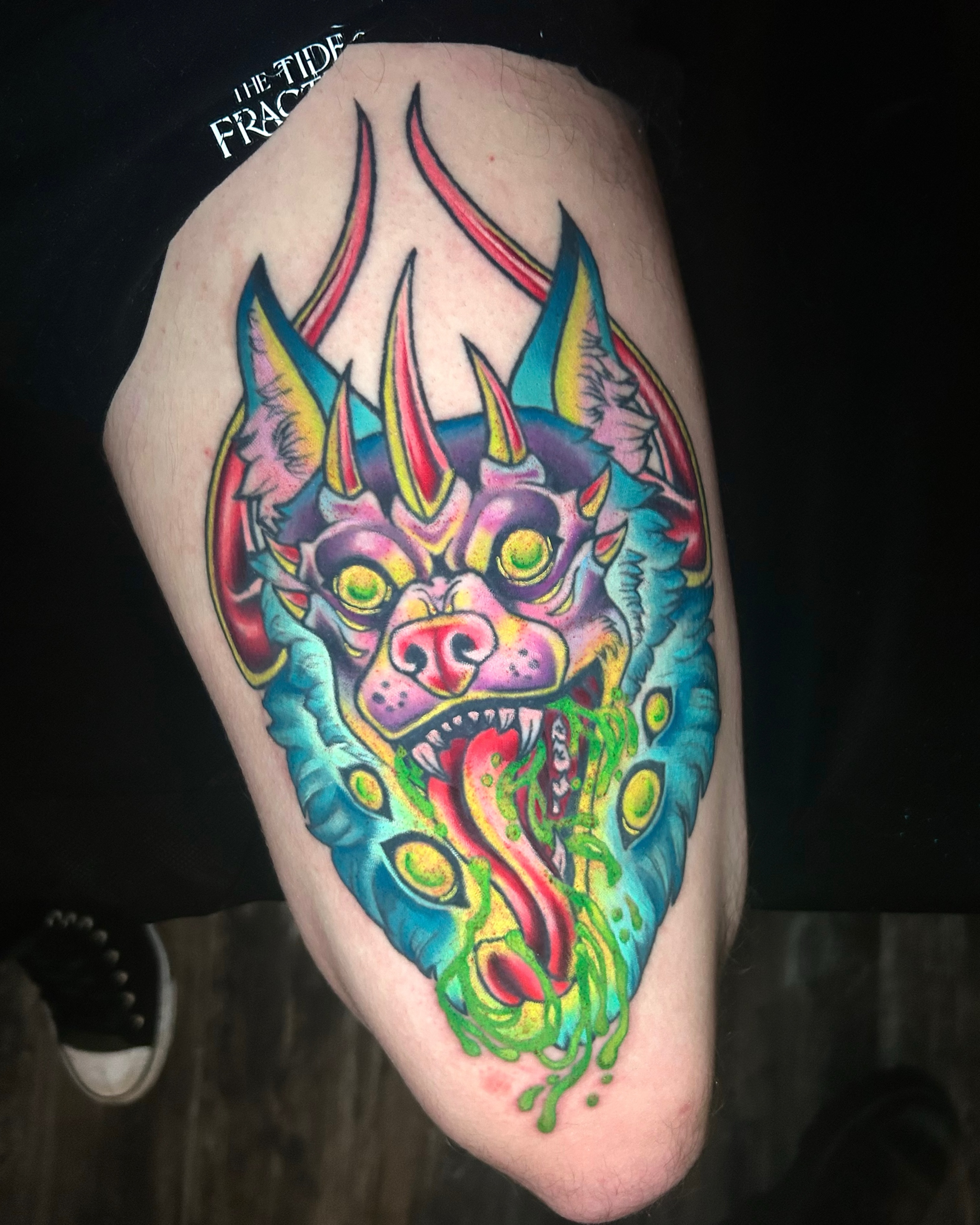 Demon head new school tattoo on the thigh by Zephyr