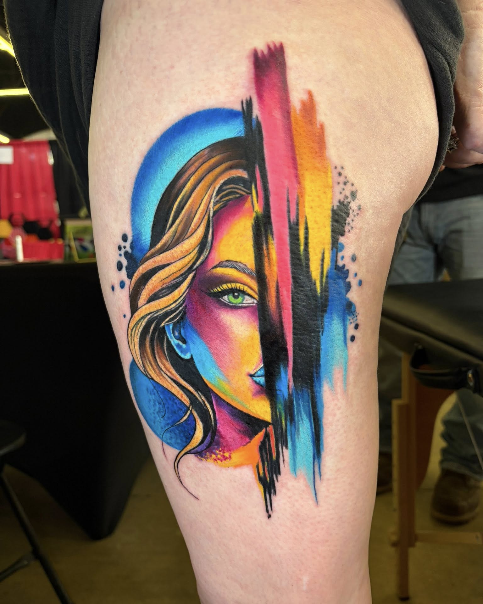 Abstract woman new school tattoo on the thigh by Rachel Sellers