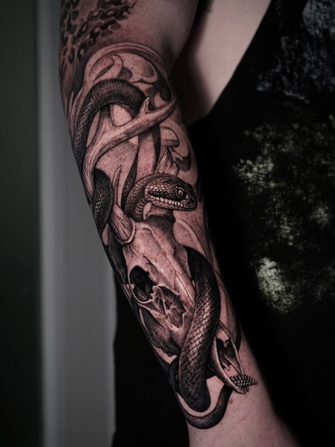Snake and skull realism tattoo on the forearm by Sabrina Lakhaysy, Fort Worth, Texas
