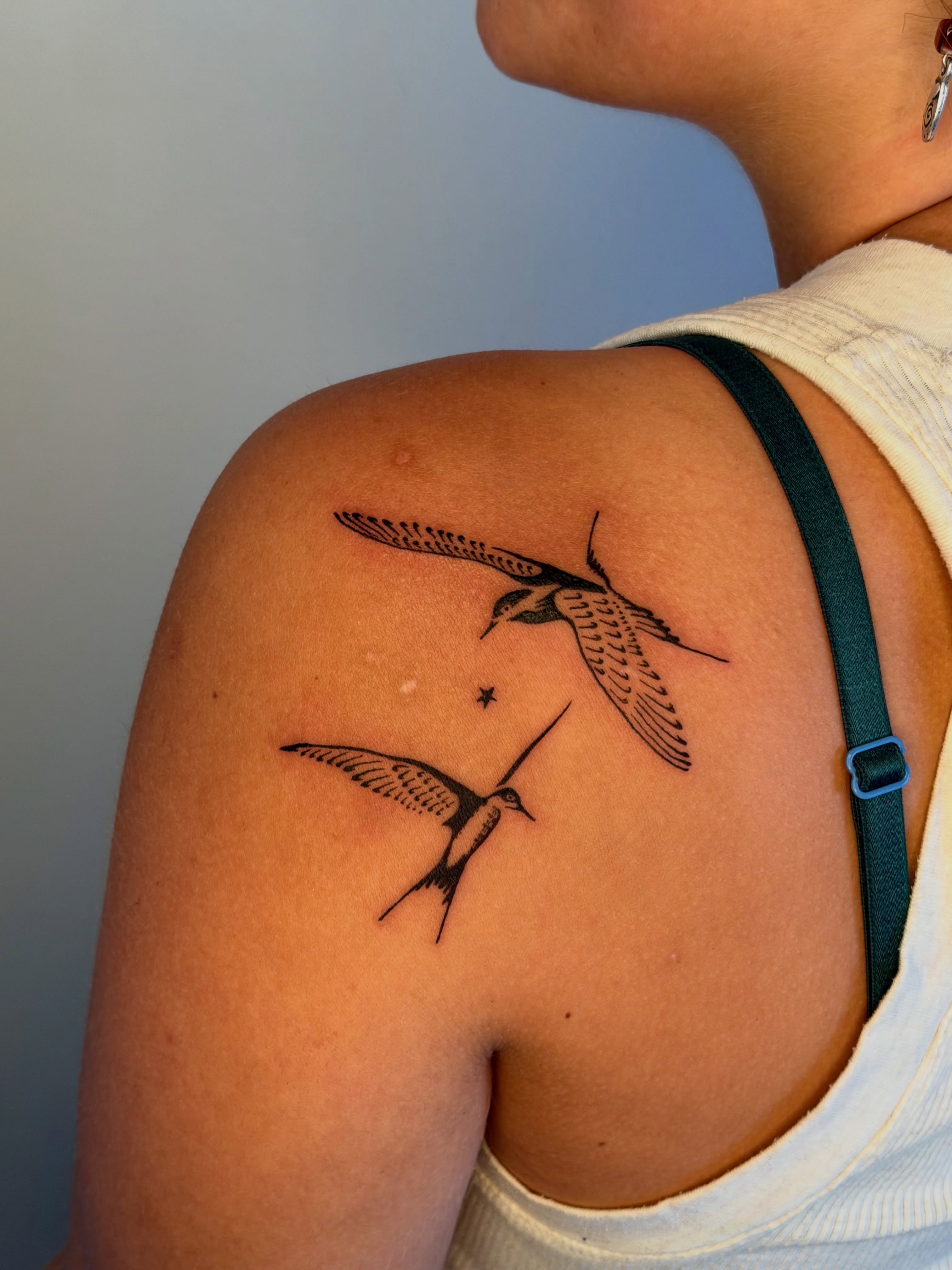 Birds flying black and grey tattoo on the shoulder by ♤ Catherine Stengel ♤