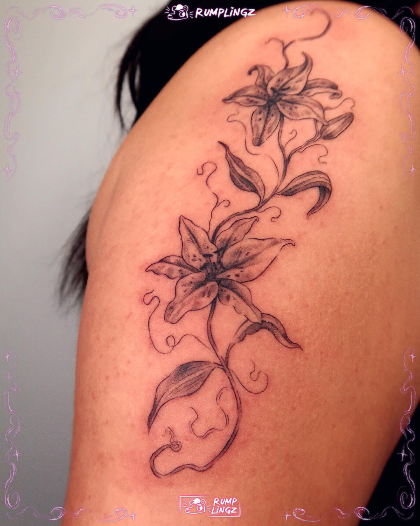 Lily black and grey tattoo on the shoulder by 💗Rin tattoos💗