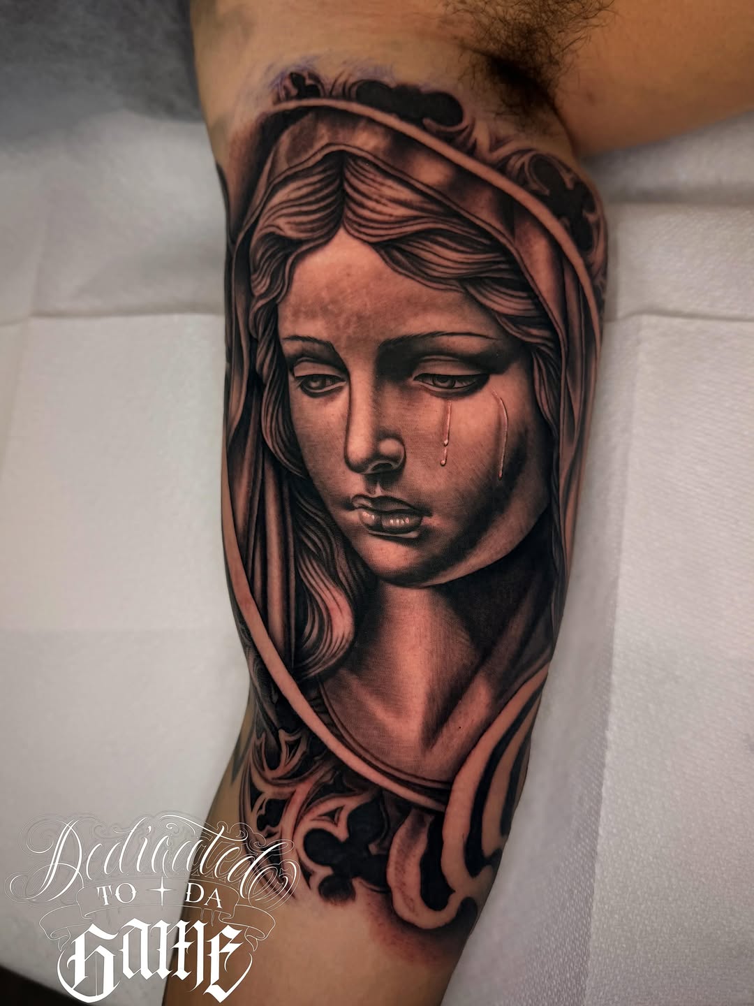Weeping woman Chicano tattoo on the forearm by LOS