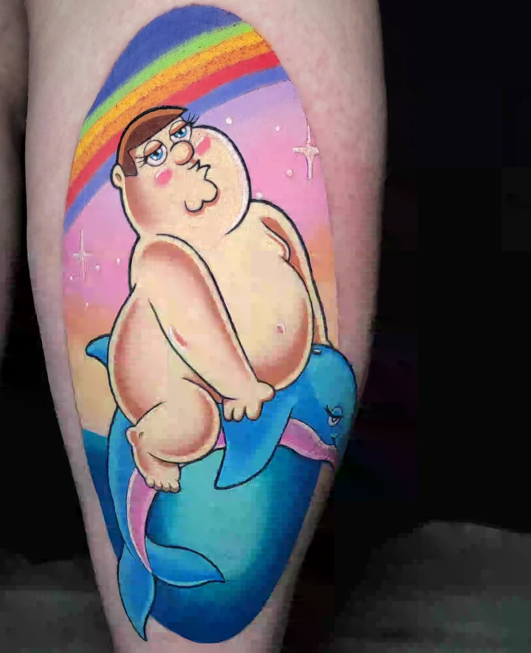 Peter Griffin mermaid new school tattoo on the thigh by Melissa Does Tattoos - Bright, Bold Anime &