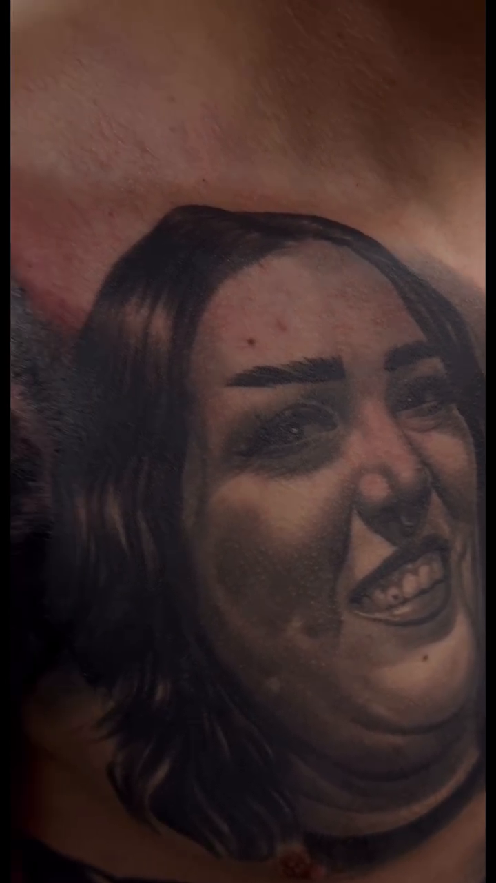 Realism tattoo on the chest by Dillinger, Ventura, California
