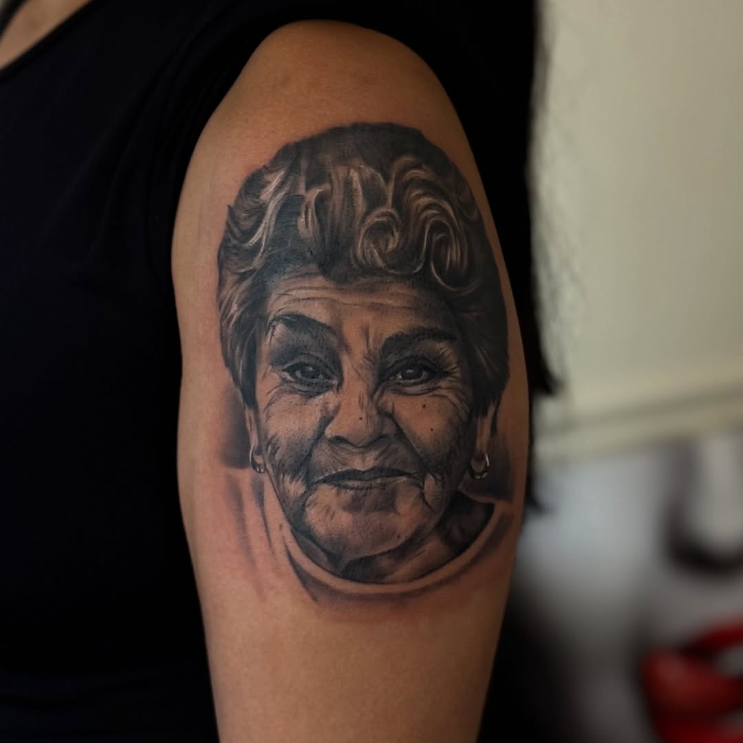 Tattoo by @babygirltat2 β realism, black_and_grey