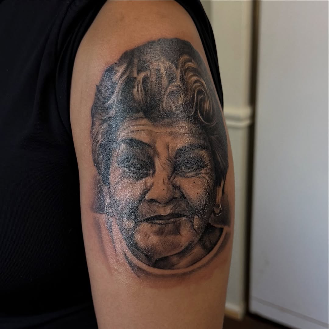 Tattoo by @babygirltat2 β realism, black_and_grey