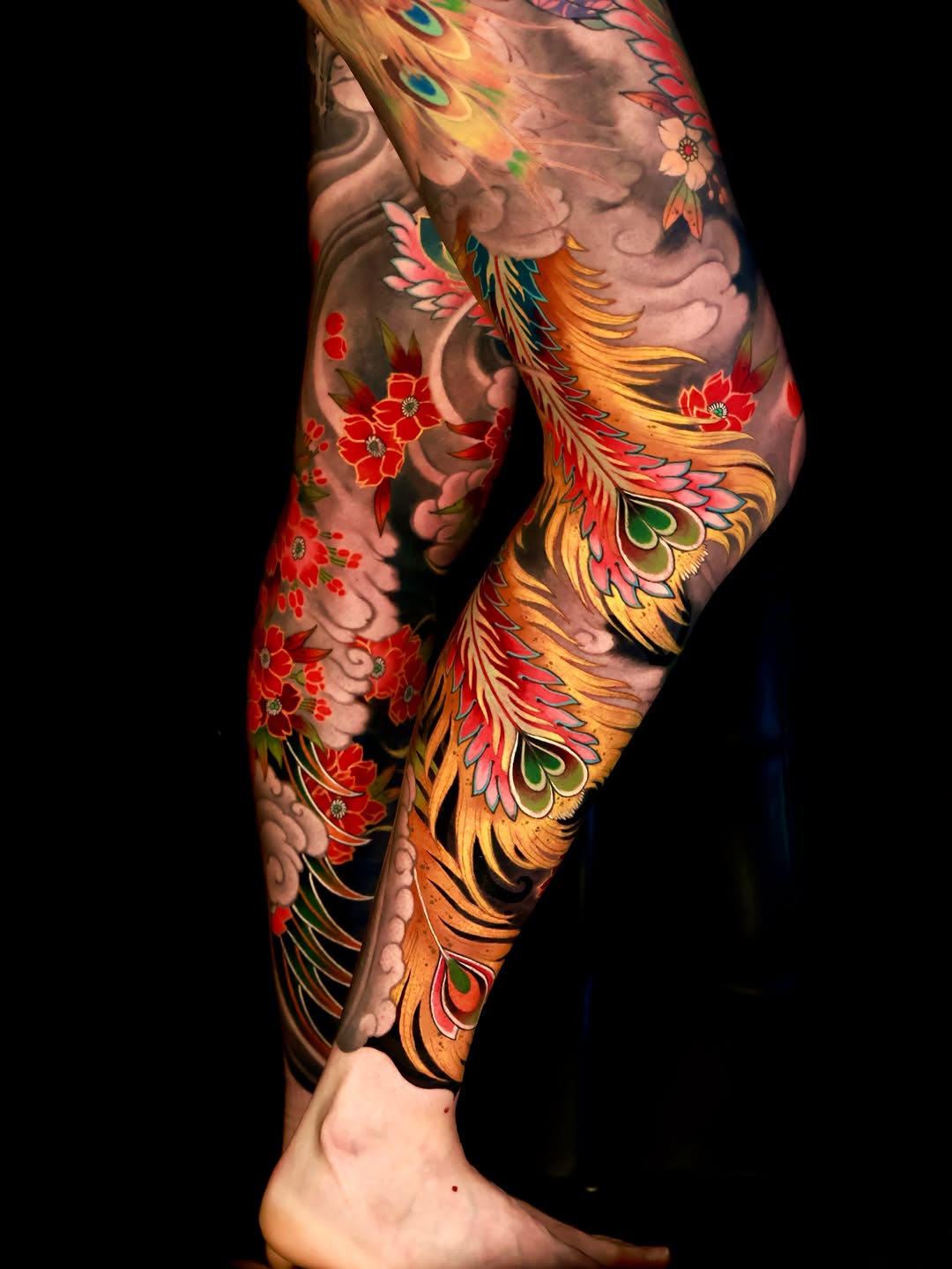 Phoenix and flowers Japanese tattoo on the leg by Hocheon