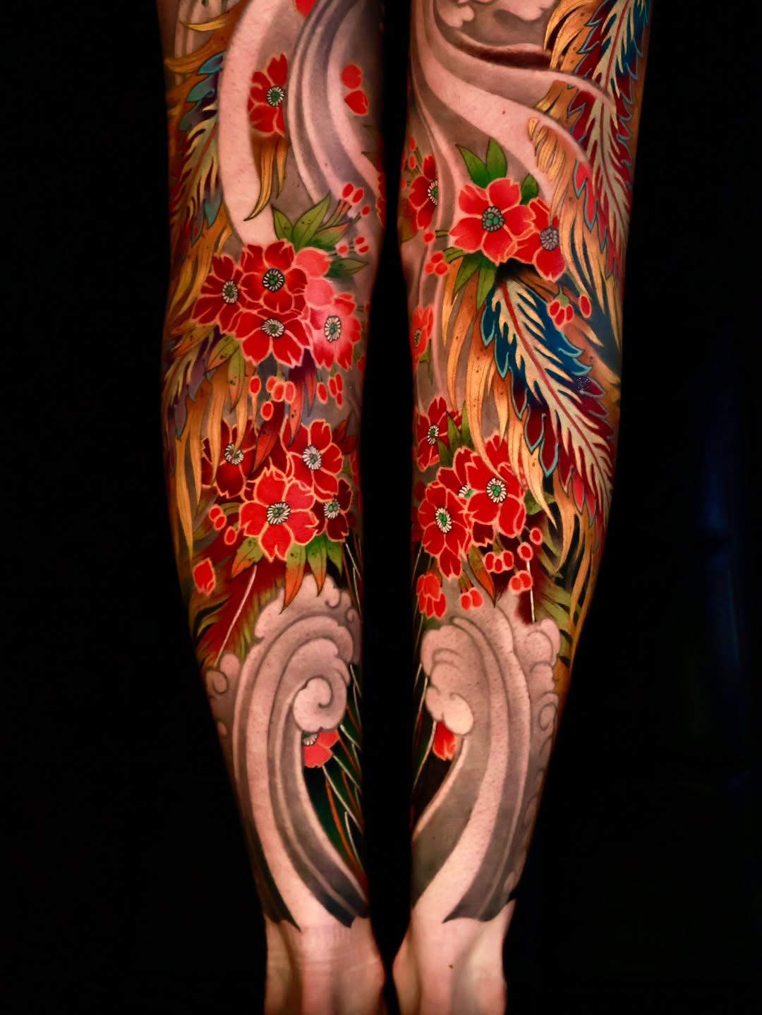 Flowers and waves Japanese tattoo on the forearm by Hocheon