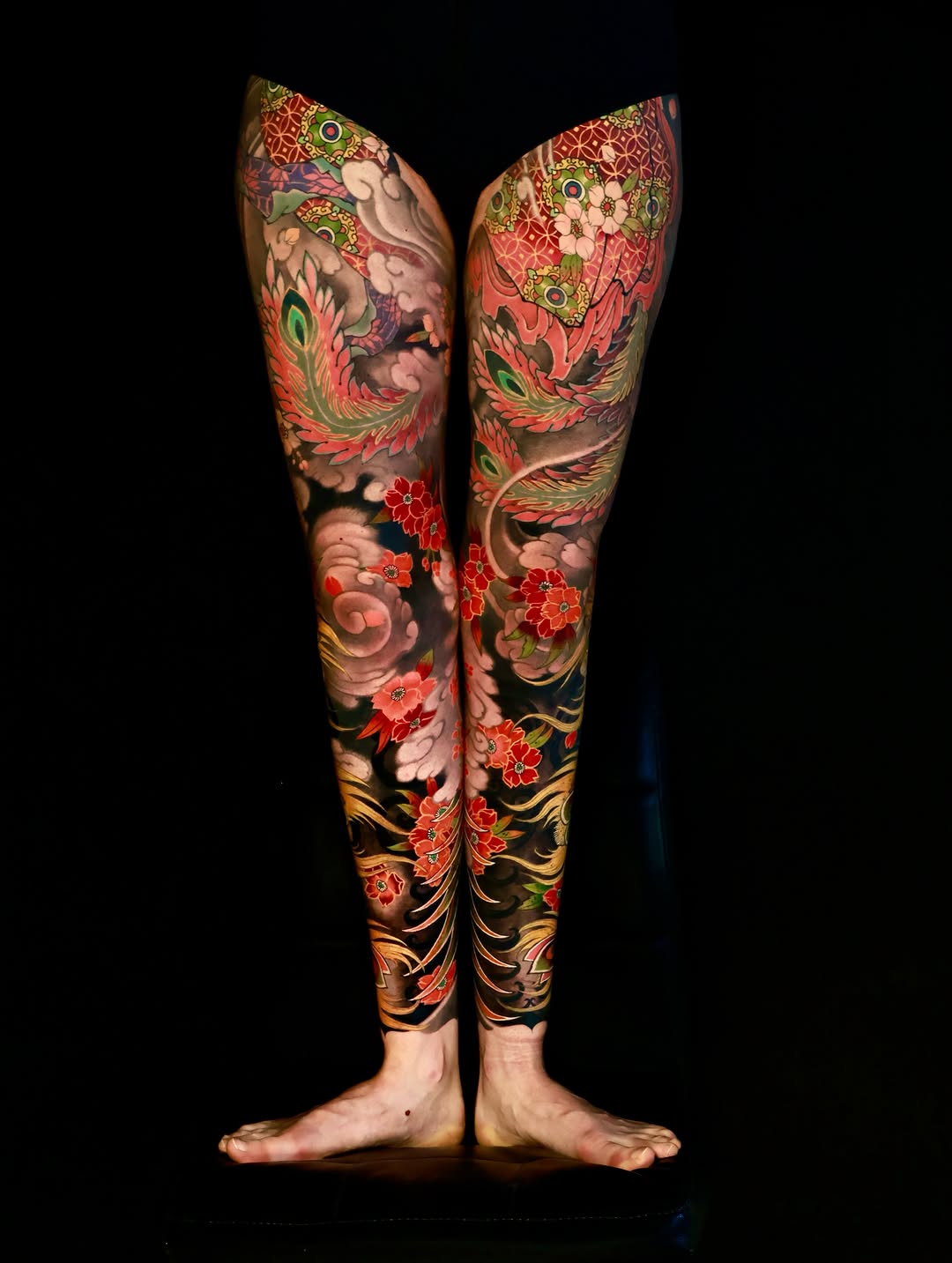 Phoenix and flowers Japanese tattoo on the leg by Hocheon
