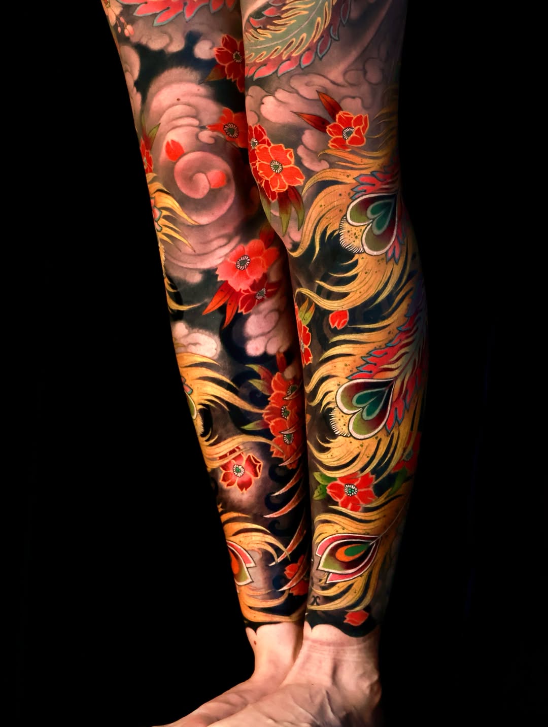 Dragon and flowers Japanese tattoo on the leg by Hocheon