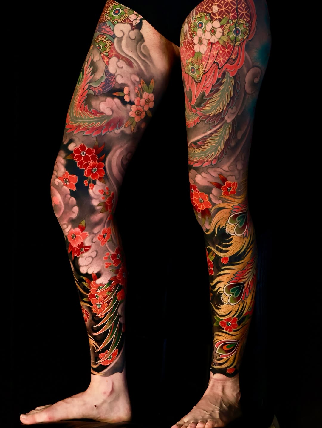 Phoenix and cherry blossoms Japanese tattoo on the leg by Hocheon