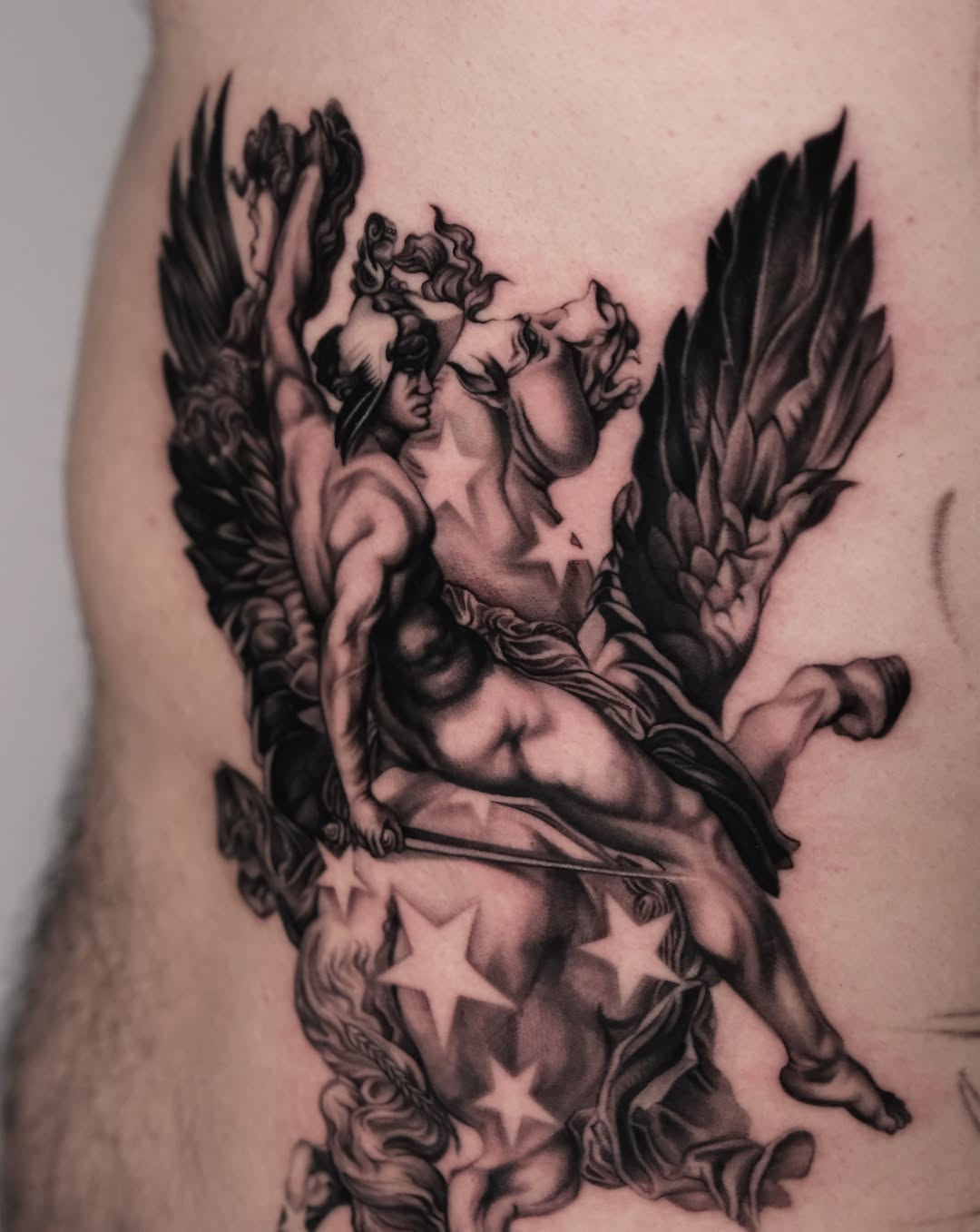 Mythological figures with stars realism tattoo on the thigh by Ayoungg