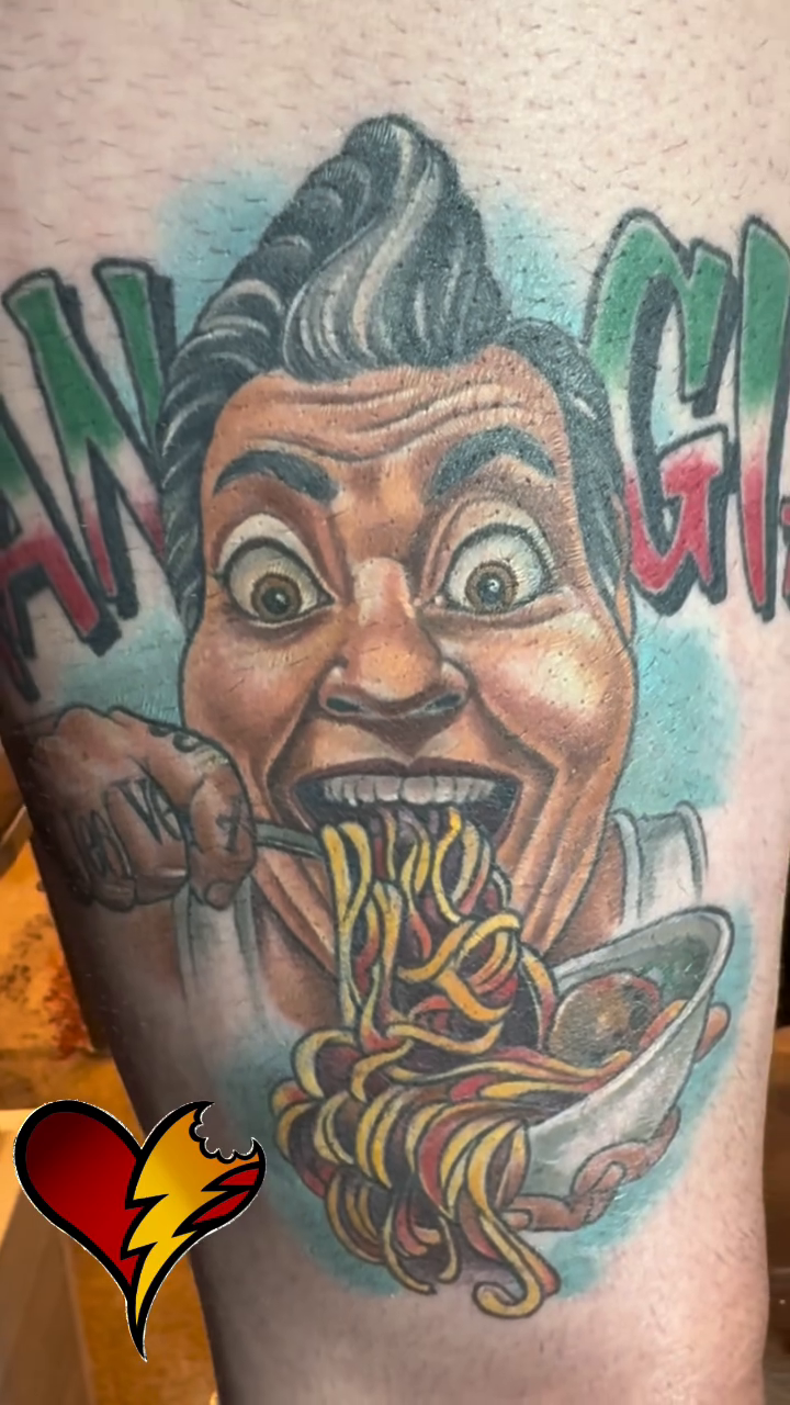 Man eating spaghetti new school tattoo by Joe Capobianco, New Haven, Connecticut