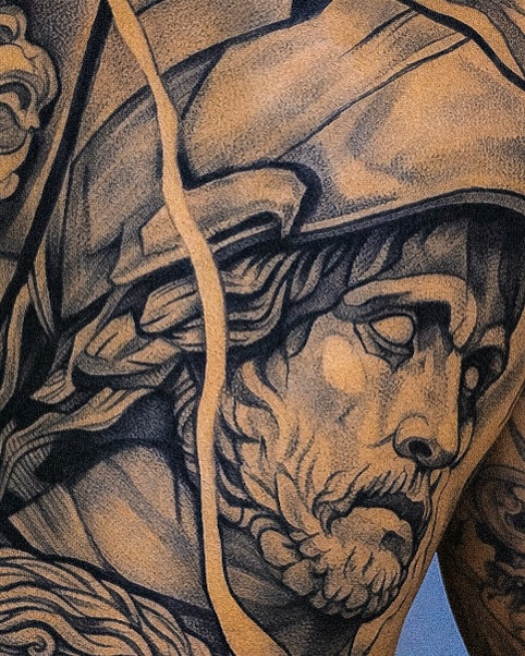 Classical sculpture portrait surrealism tattoo on the head by Mak$ Brand