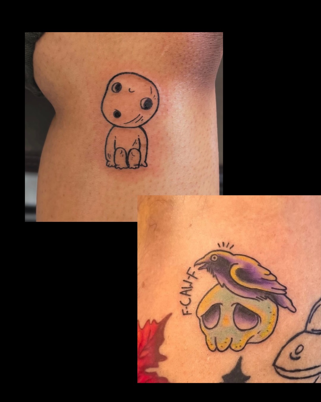 Chibi character minimalist tattoo on the thigh by Ivy-Jade Edwards, Memphis, Tennessee