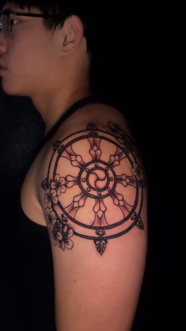 Dharmachakra tattoo on shoulder geometric tattoo on the shoulder by bev