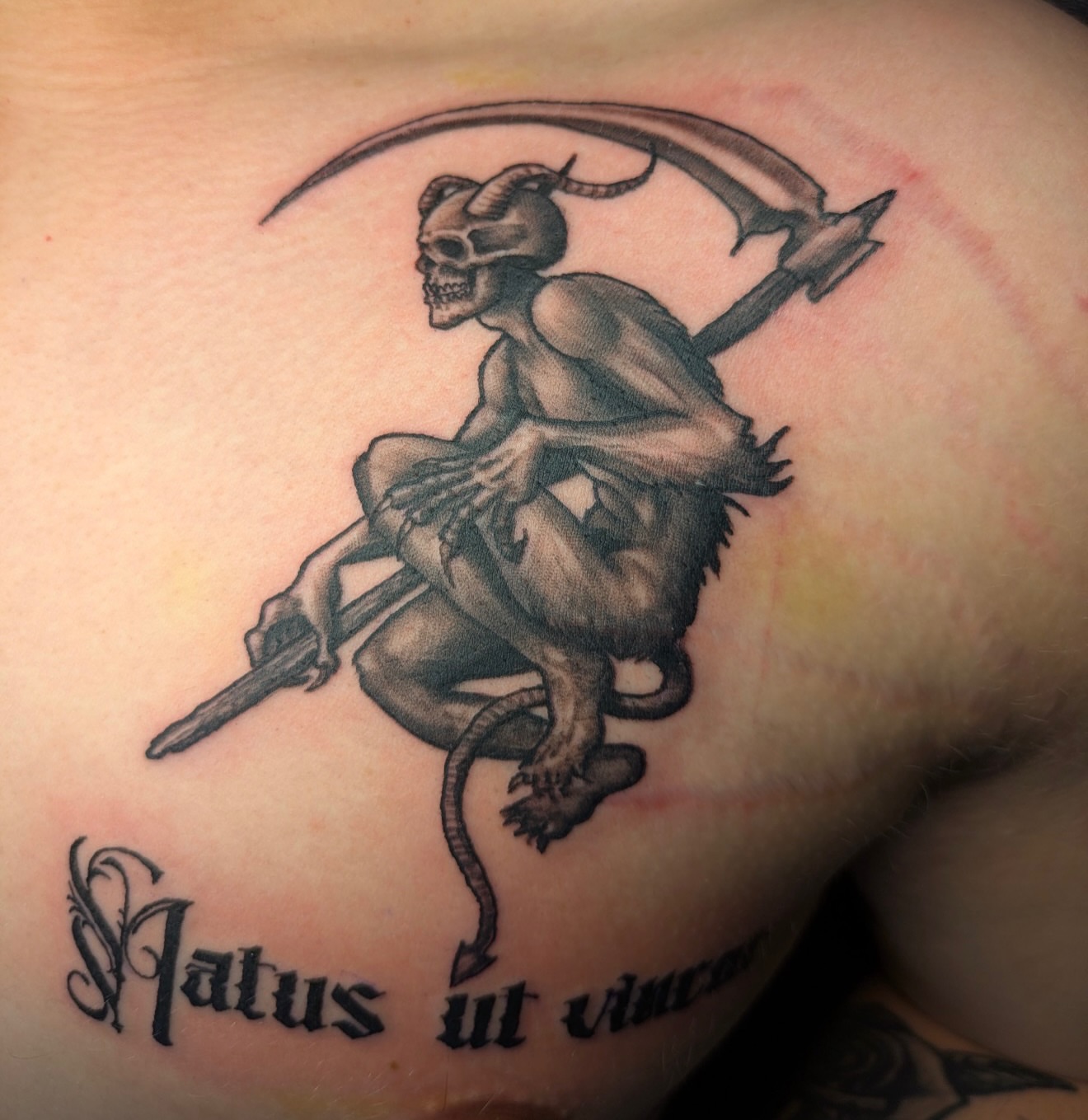 Reaper black and grey tattoo on the back by Buddy K.