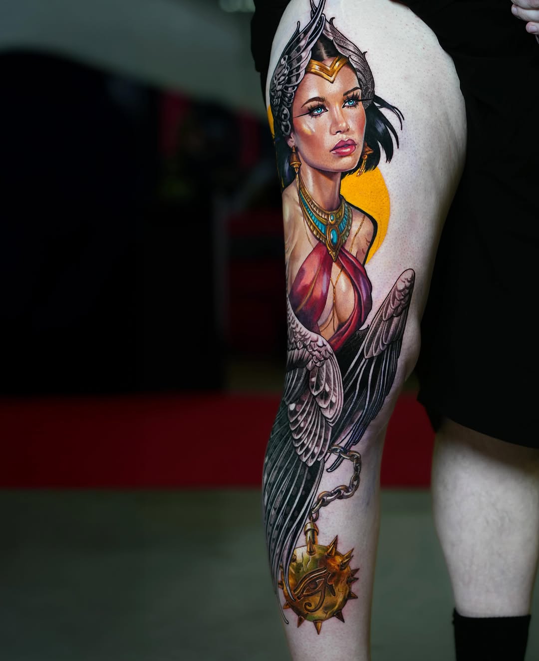Neo-traditional tattoo on the thigh by Daria Pirojenko
