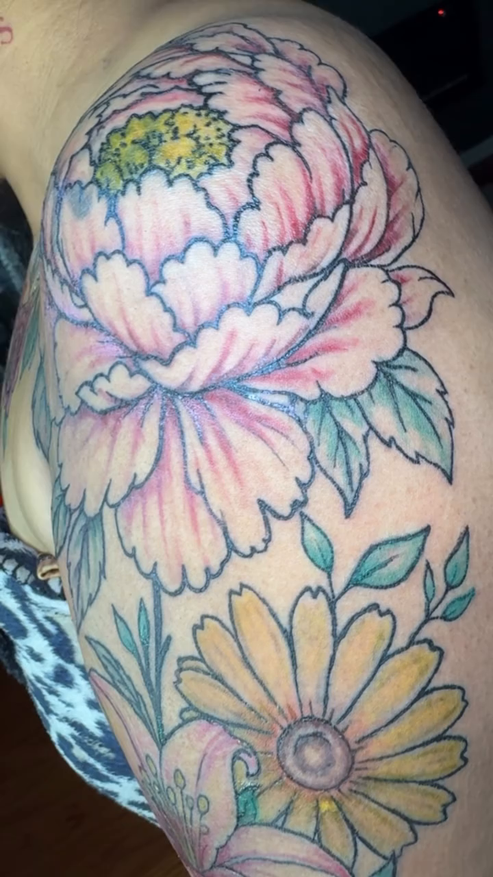 Peony and floral sleeve neo-traditional tattoo on the shoulder by Jihaad staley π¦, Charlotte, North Carolina