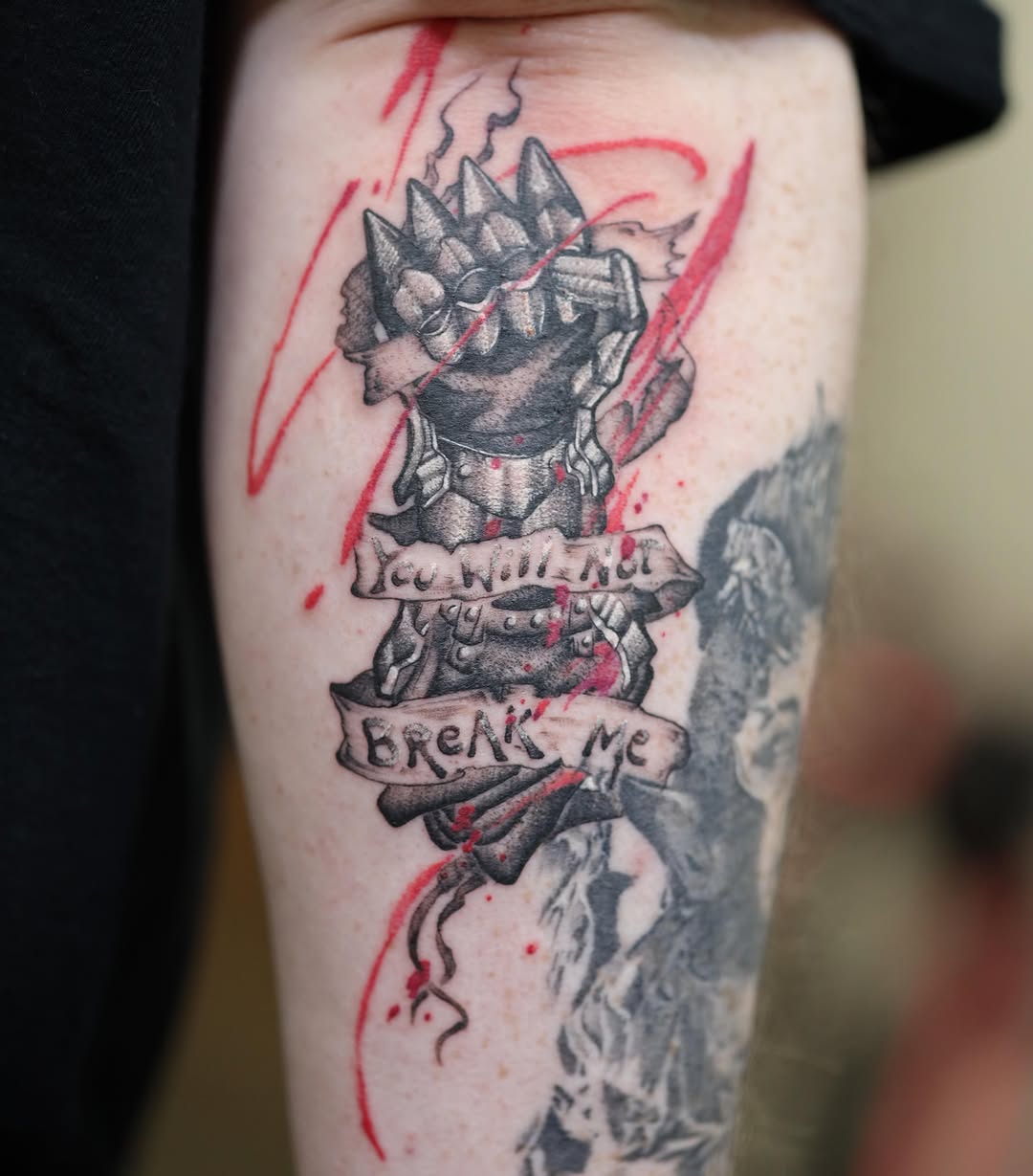 Broken armor black and grey tattoo on the forearm by LiteBriteTattoo, Salt Lake City, Utah
