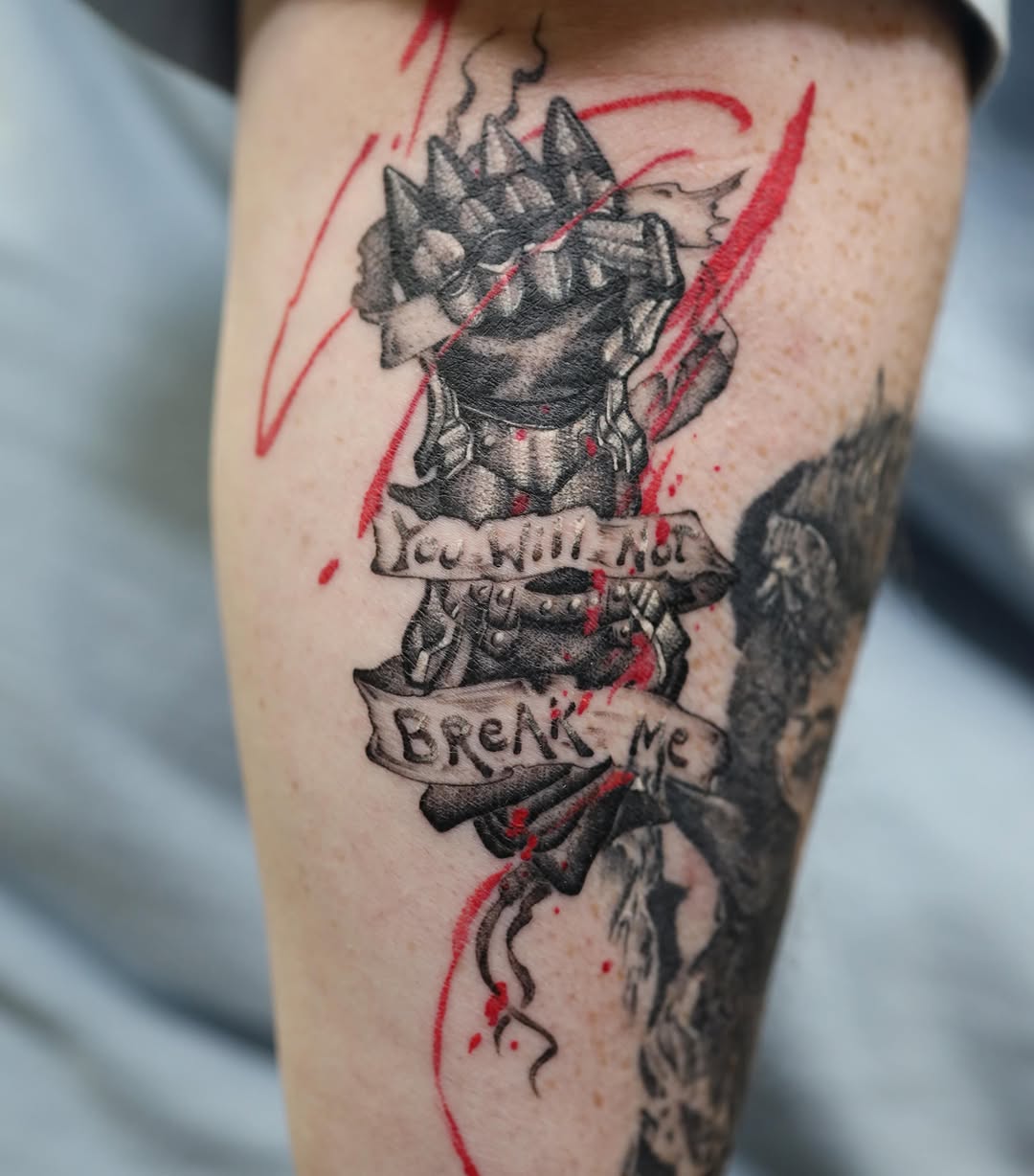 Armor and banner black and grey tattoo on the forearm by LiteBriteTattoo, Salt Lake City, Utah