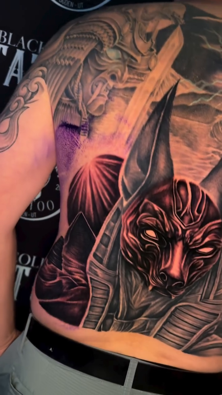 Anubis mask with Egyptian motifs realism tattoo by InkFloyd Roith