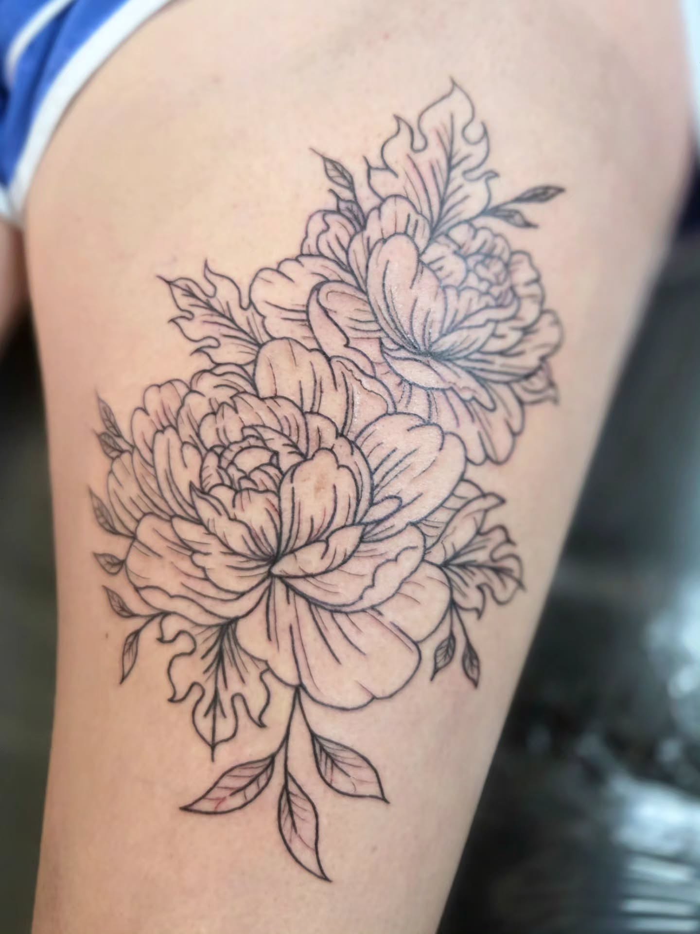 Peony flowers black and grey tattoo on the thigh by Courtney, Lakewood, Ohio