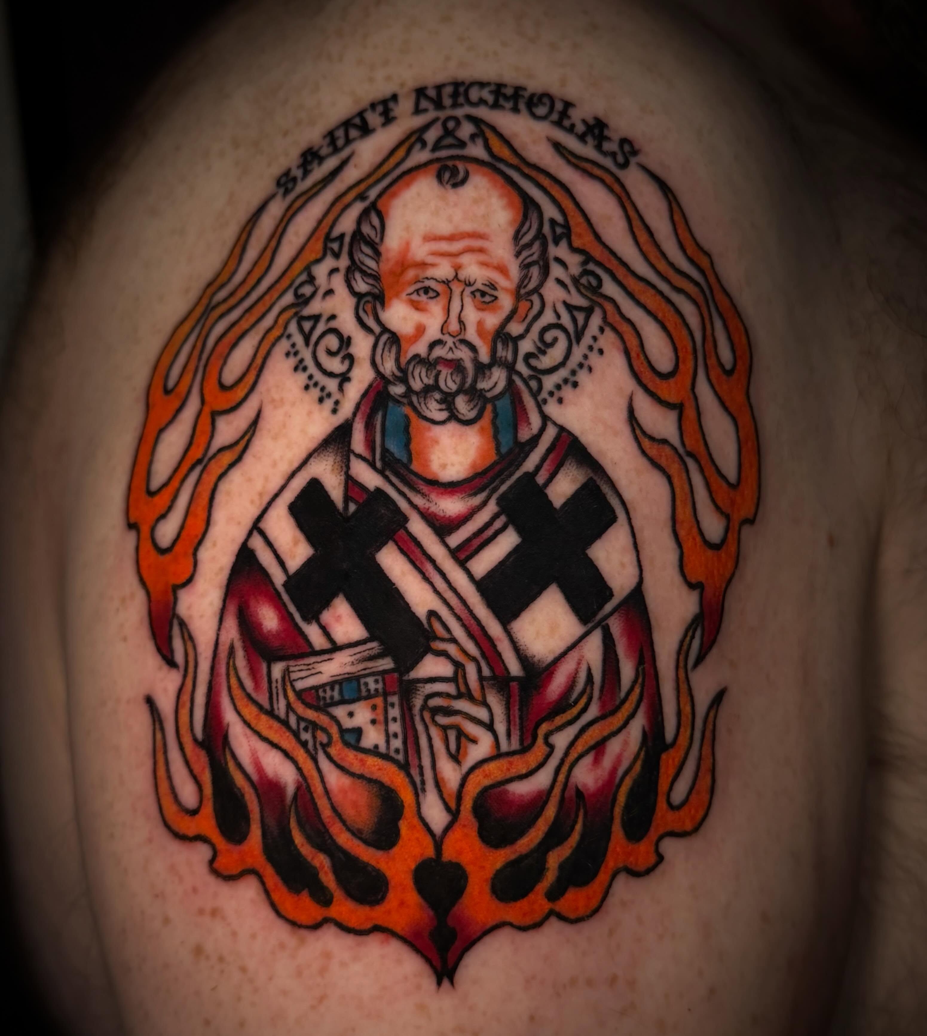 Saint nicholas American traditional tattoo on the shoulder by Lydia