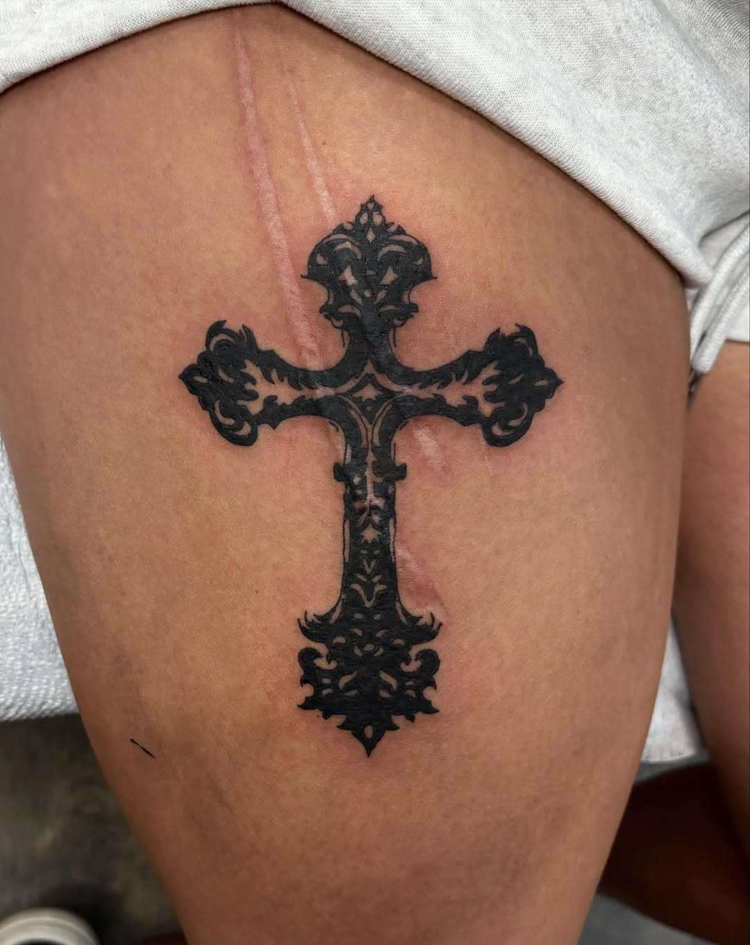 Ornate cross ornamental tattoo on the thigh by ✮ ✄ star ✮ ✄