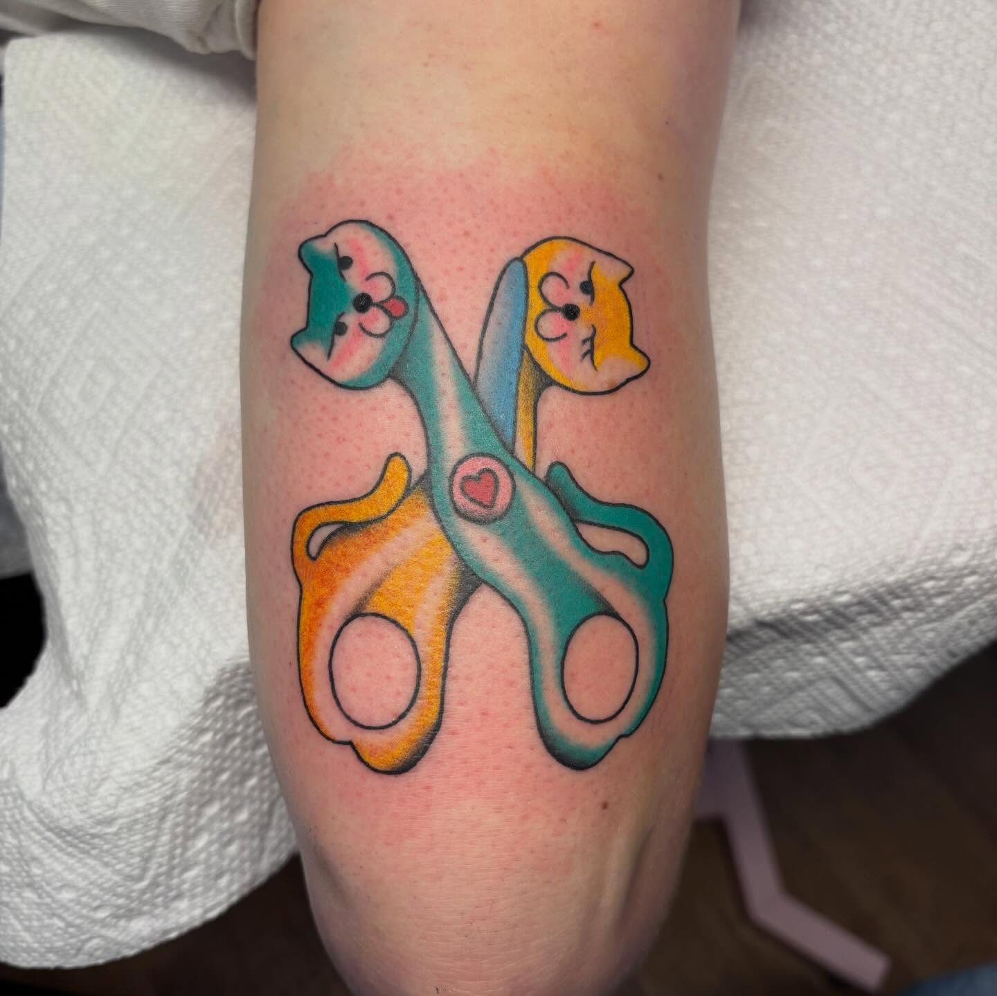 Scissors watercolor tattoo on the forearm by ❁ Tat2friend ❁