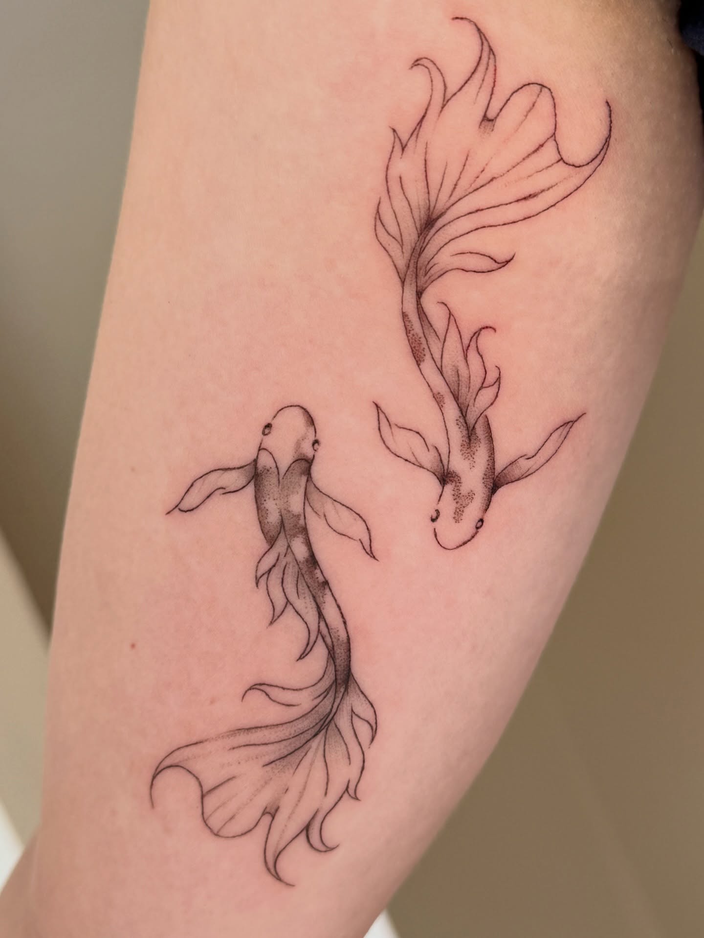 Koi fish black and grey tattoo on the forearm by Fine Line Tattoos