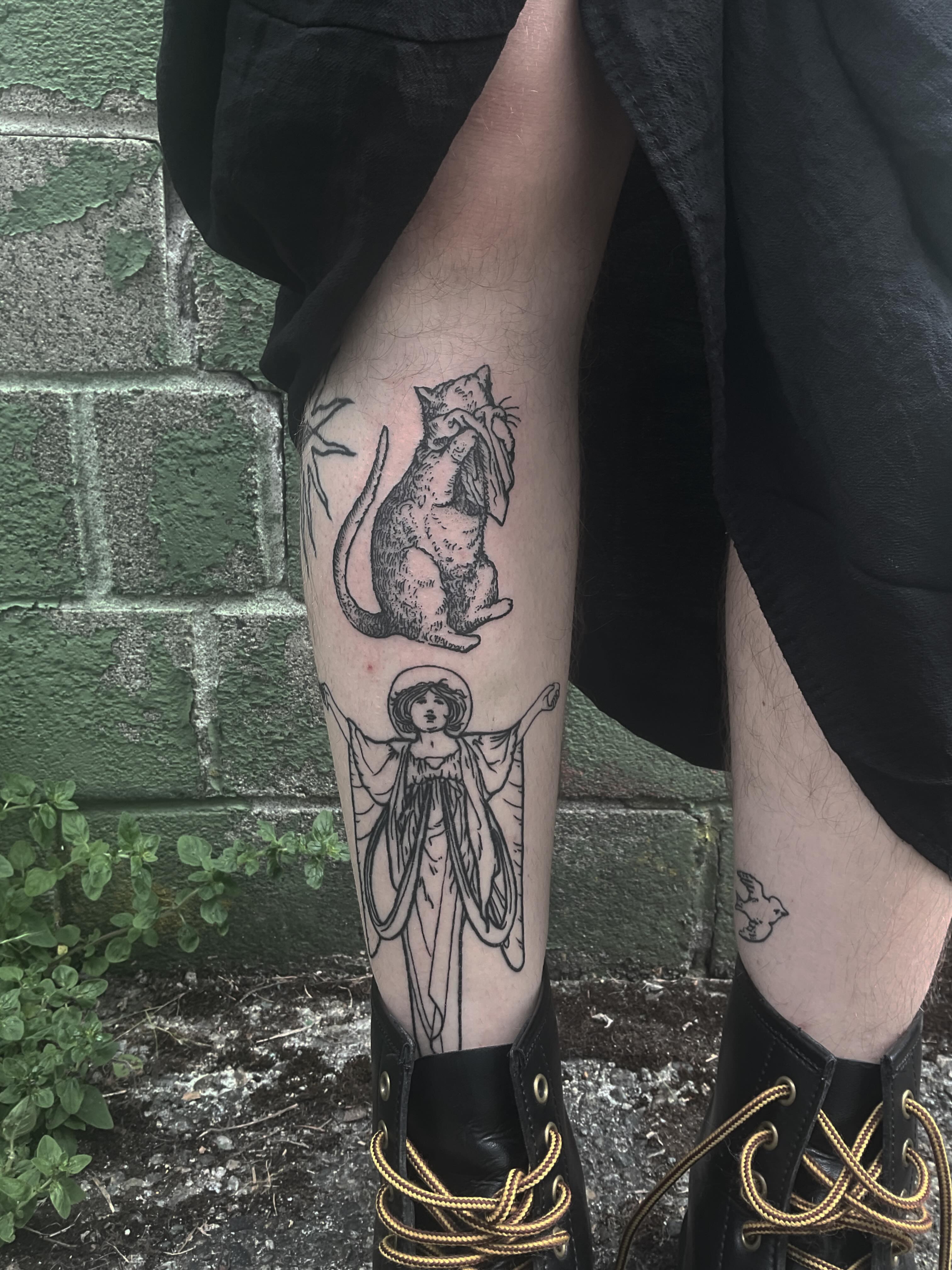 Cat and angel realism tattoo on the leg by ๐ญ๐๐๐๐