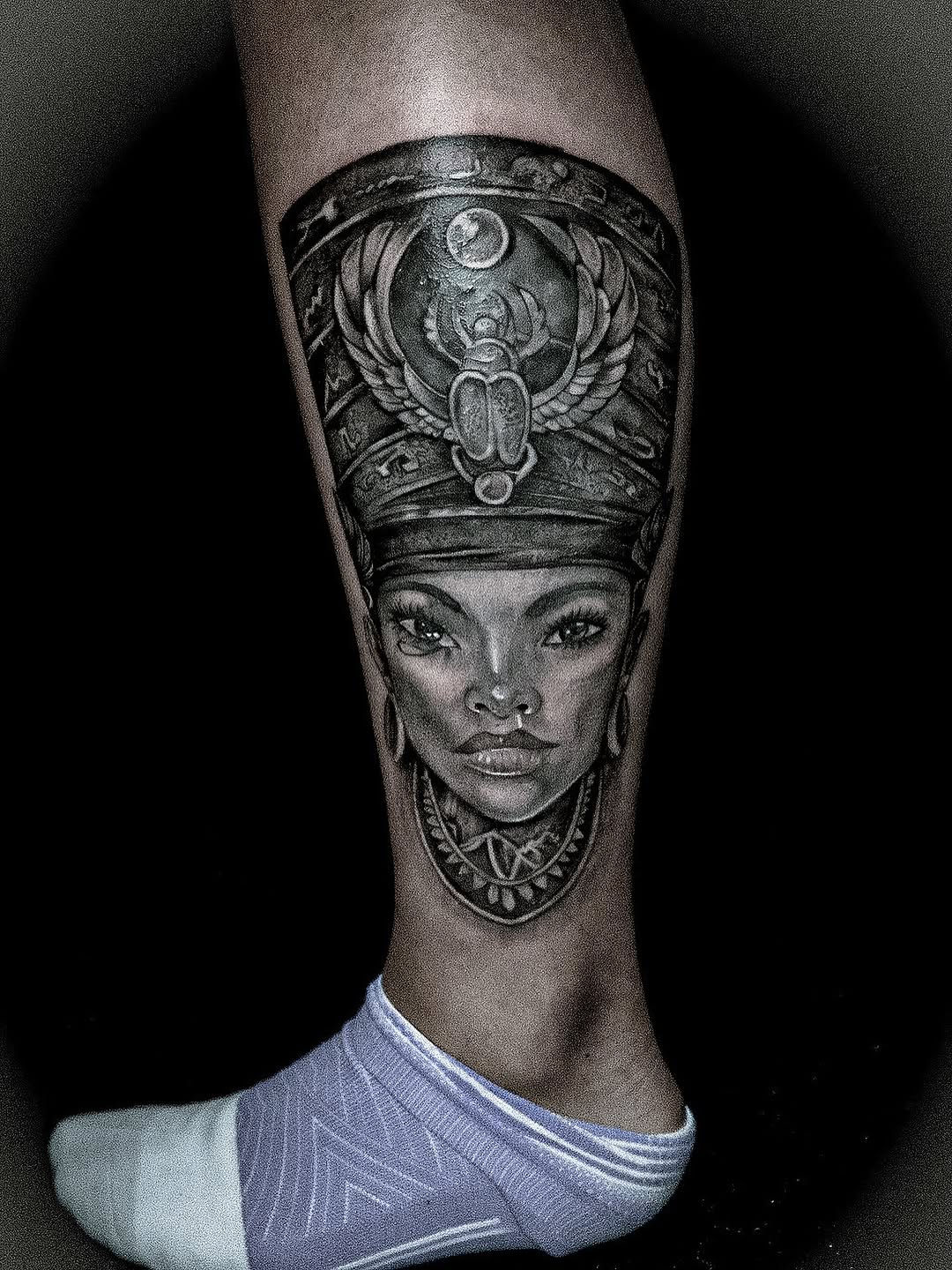 Egyptian queen portrait realism tattoo on the forearm by Ken West