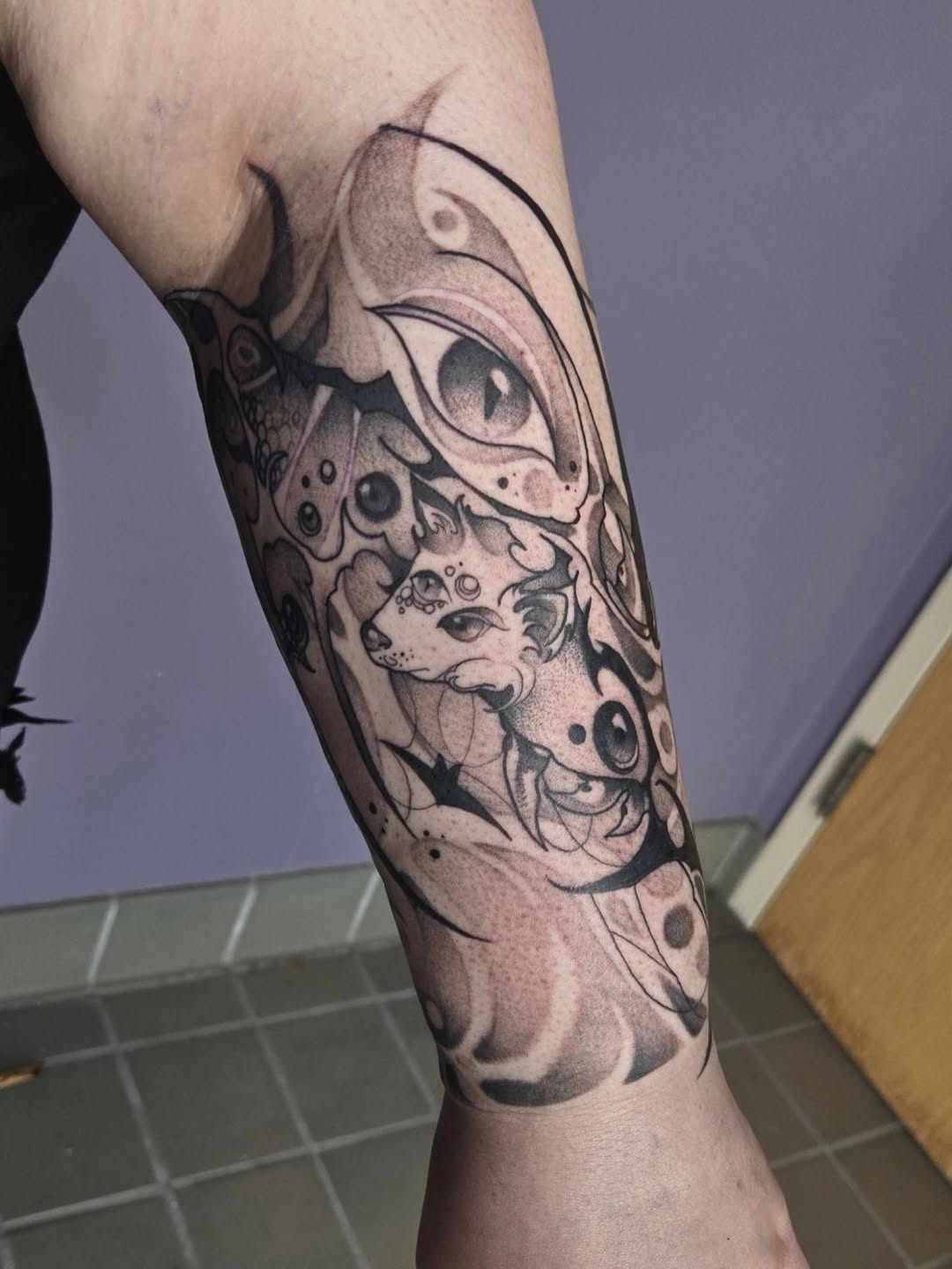 Tattoo by @swampfairie.tattoos — black_and_grey, dotwork