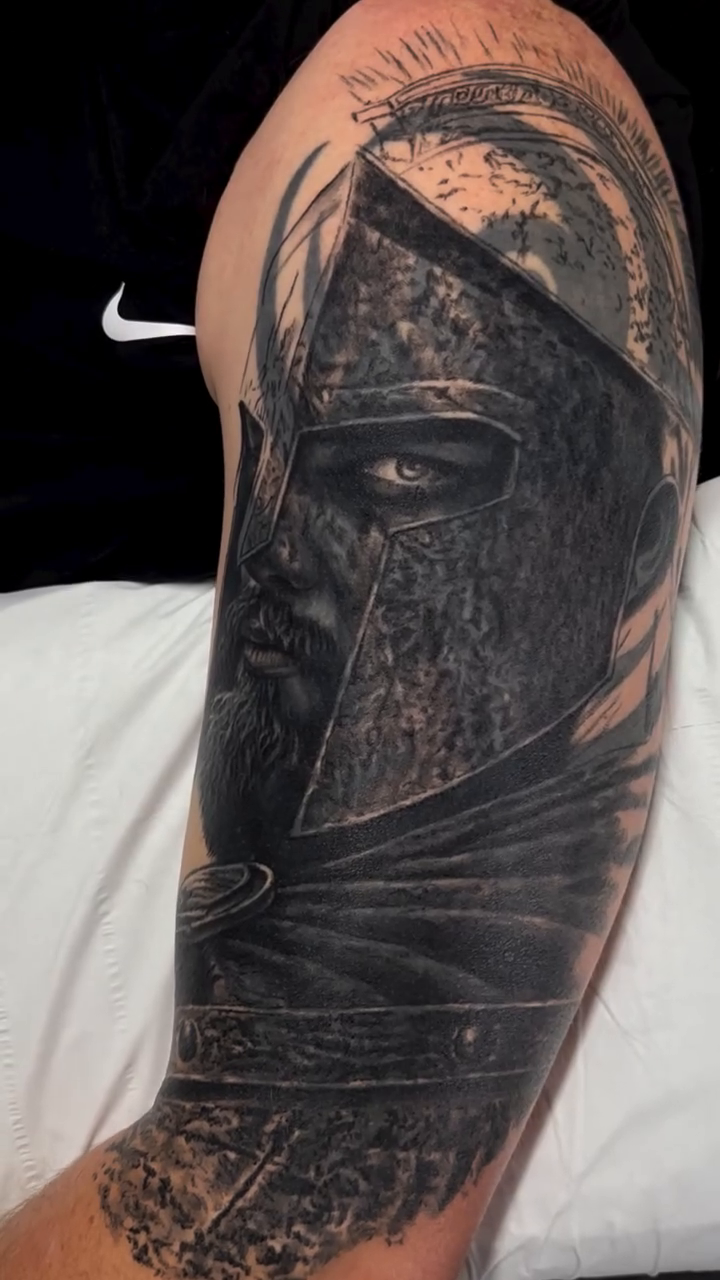 Spartan warrior helmet realism tattoo on the forearm by Cipri Suciu