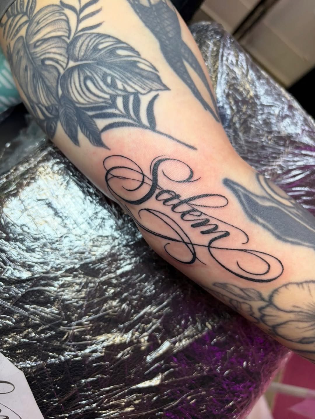 Salem script lettering lettering tattoo on the forearm by Vegas Tattoo Mommy ๐๐, Las Vegas, Nevada