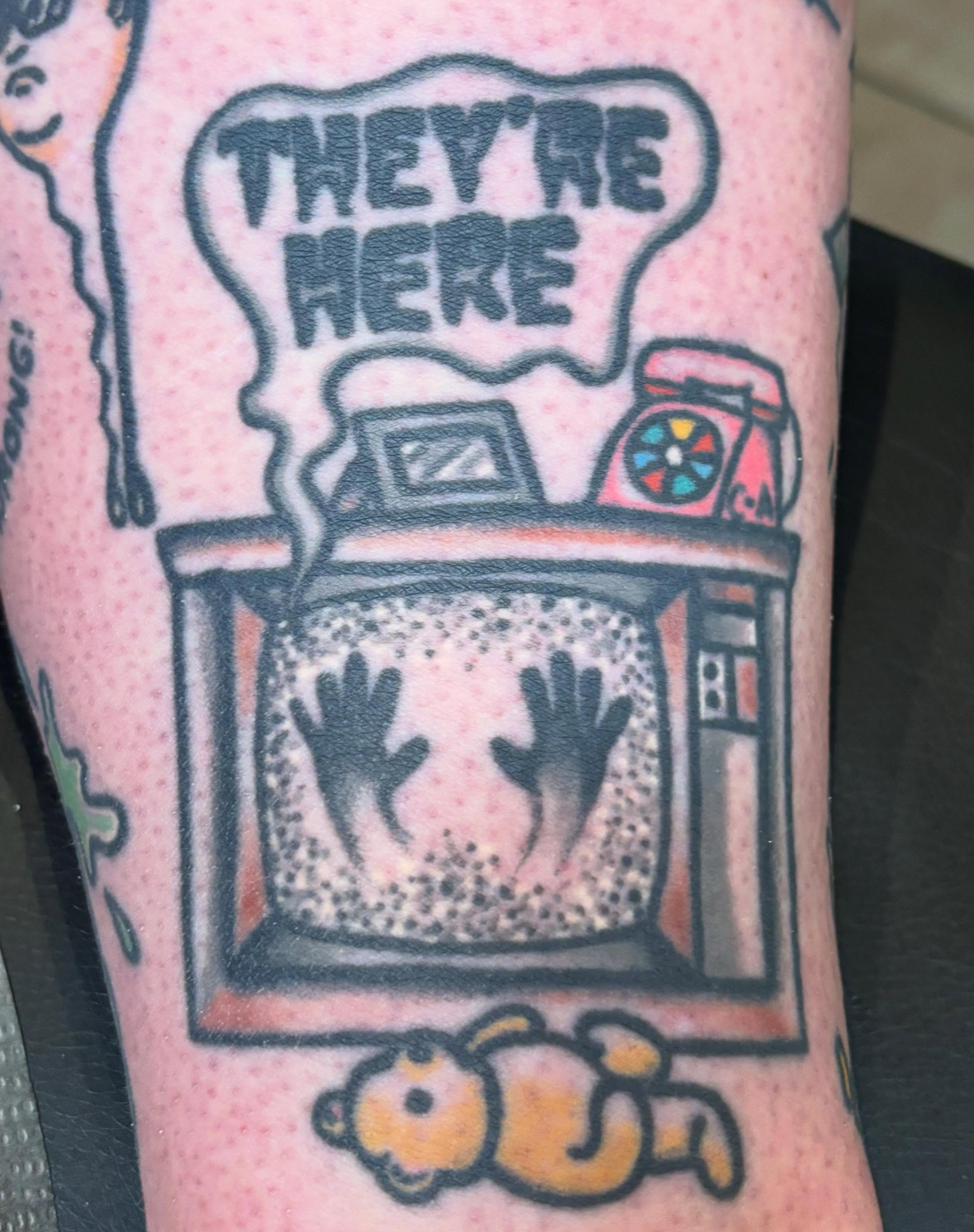 Television with hands dotwork tattoo on the forearm by @rutattoos