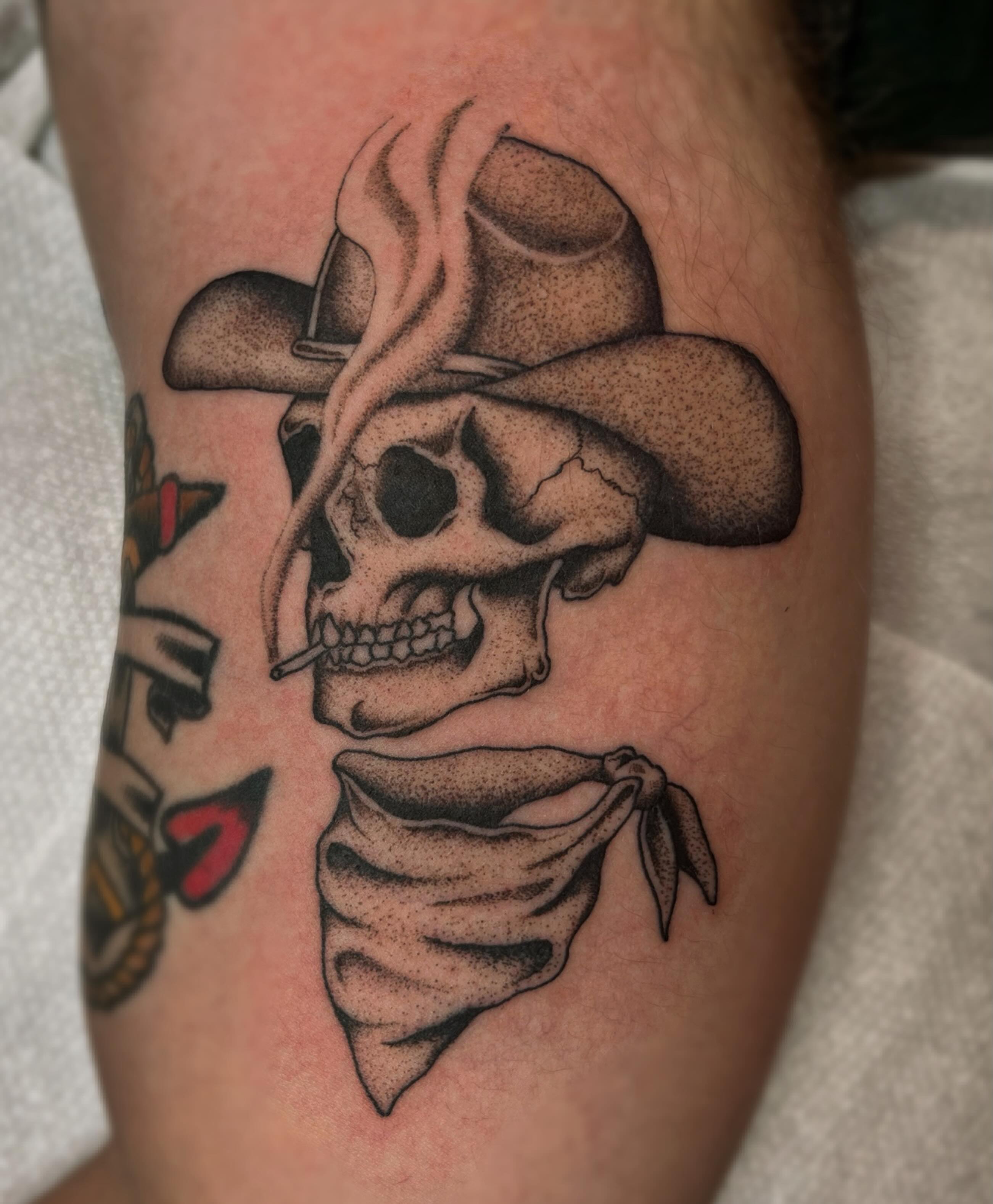 Cowboy skull dotwork tattoo on the forearm by Jackson Kirchhoff