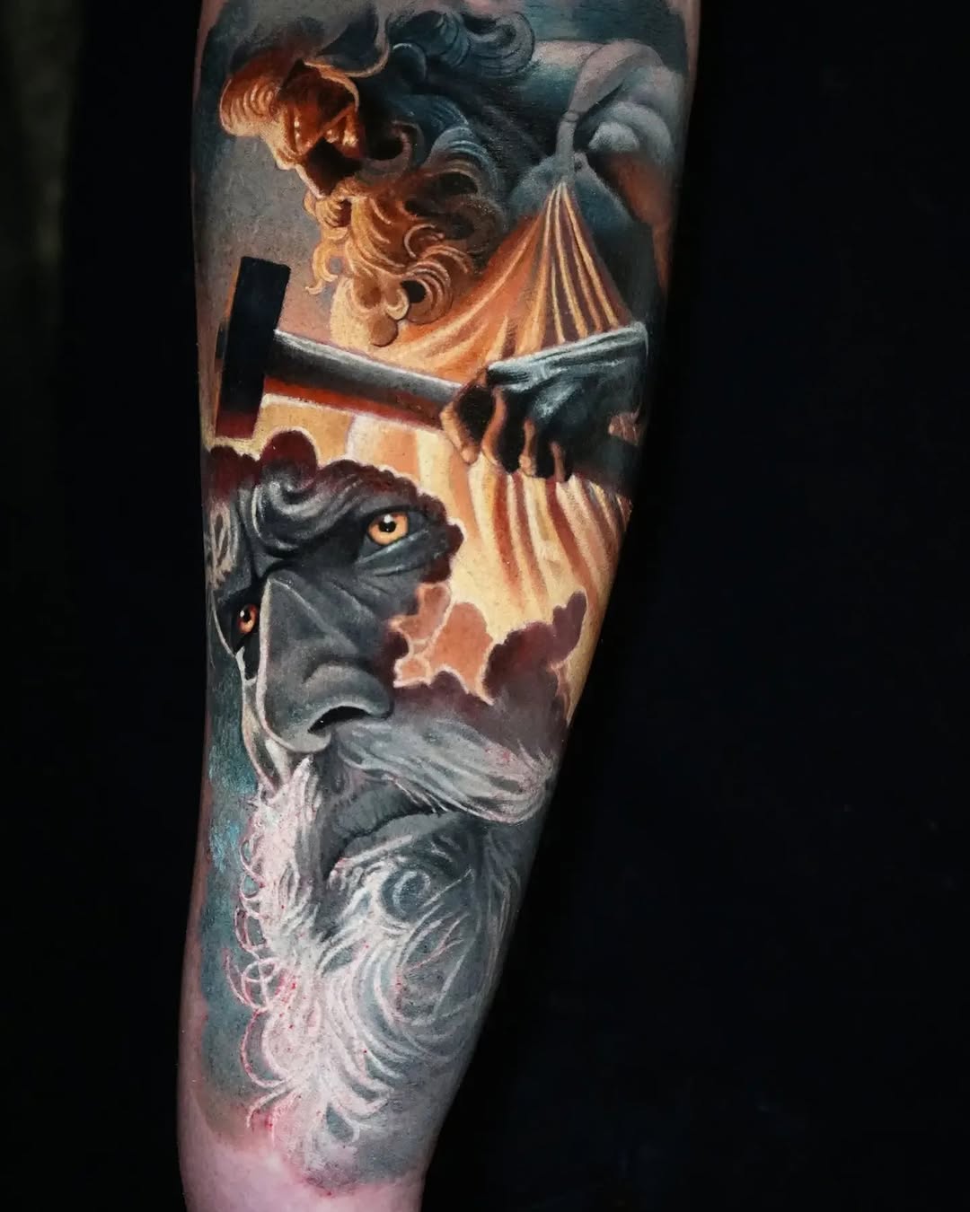 Mythological figures with hammer realism tattoo on the forearm by Robert Morton, Cleveland, Ohio