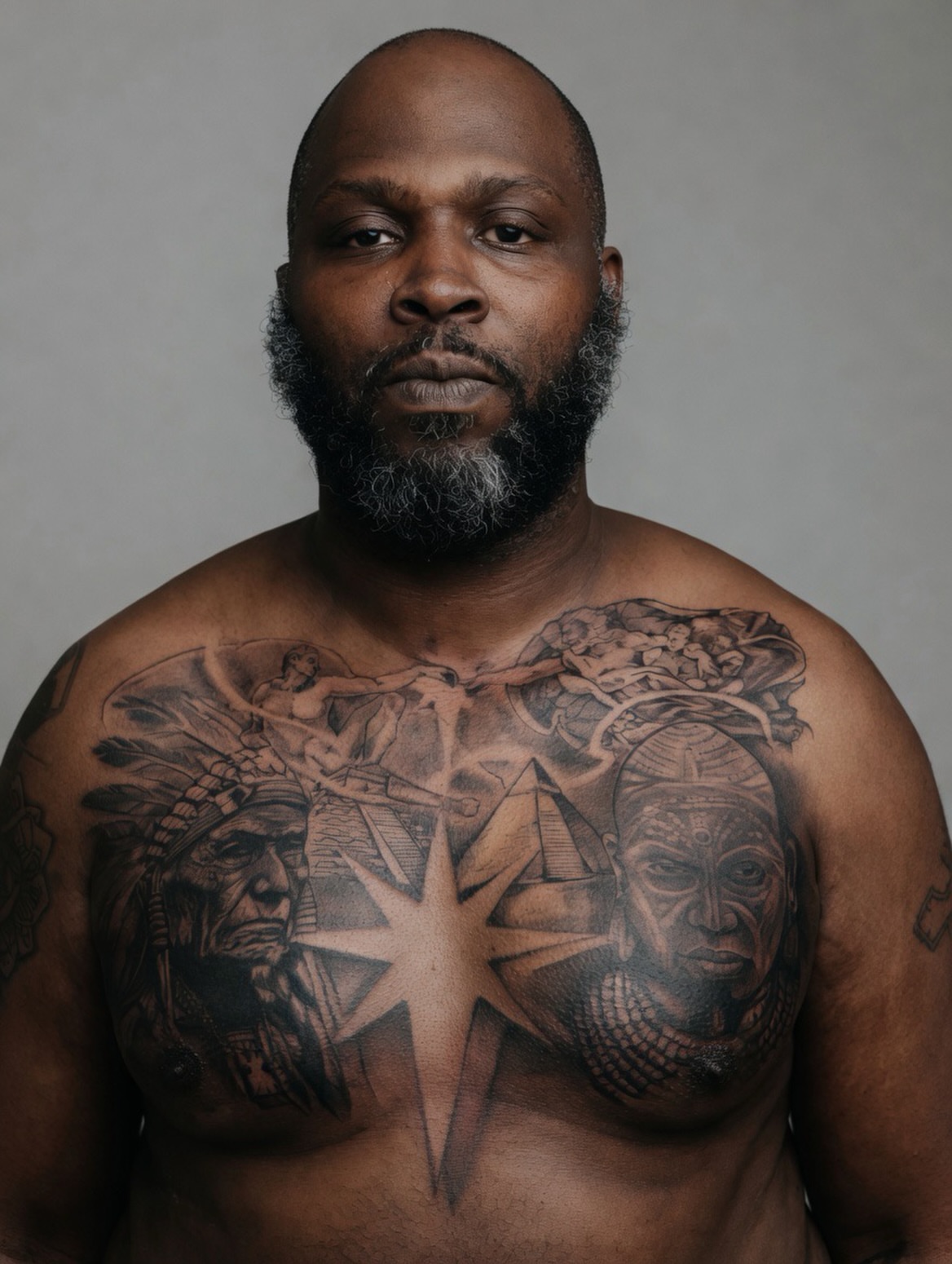 Tribal figures American traditional tattoo on the chest by Dmitrii Damoer, New York, New York