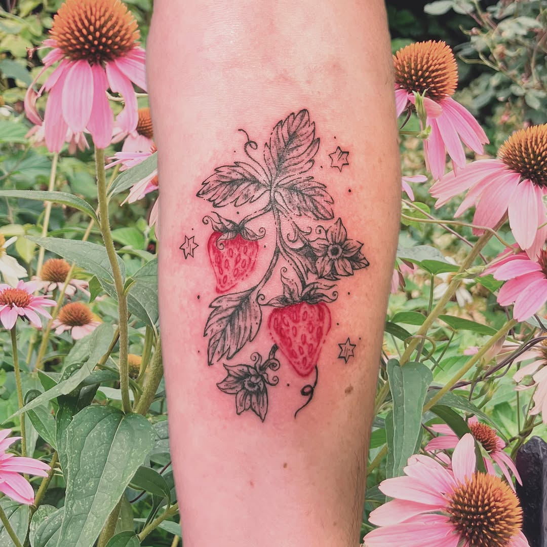 Strawberries and flowers neo-traditional tattoo on the forearm by ⋆⁺₊⋆ 𝓳𝓪𝓼𝓶𝓲𝓷𝓮 ⋆⁺₊⋆