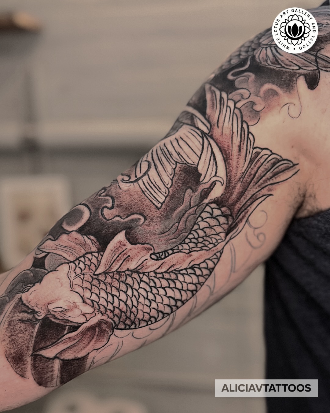 Koi fish japanese irezumi tattoo on the forearm by Alicia Vasquez