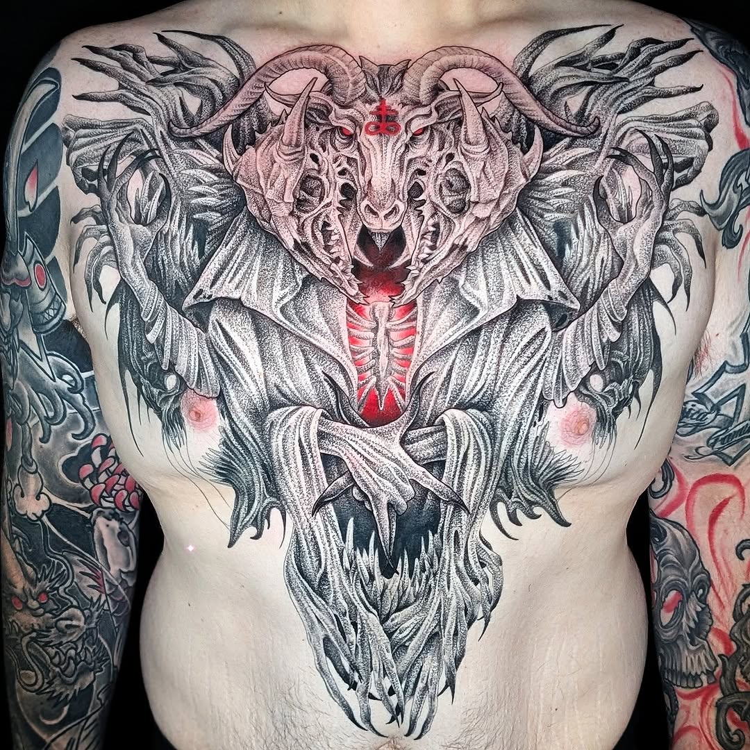 Demonic goat skull creature blackwork tattoo on the chest by Will Alexander, Lombard, Illinois