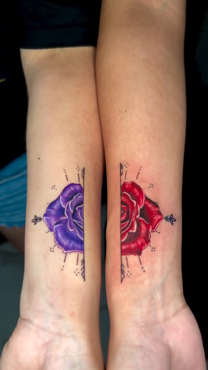 Matching mandala roses neo-traditional tattoo on the foot by Goga