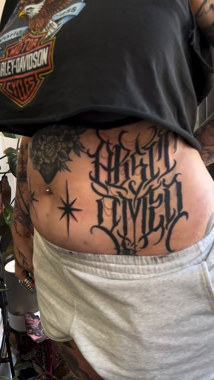 Tattoo by @lizkarntattoo — lettering_script, blackwork