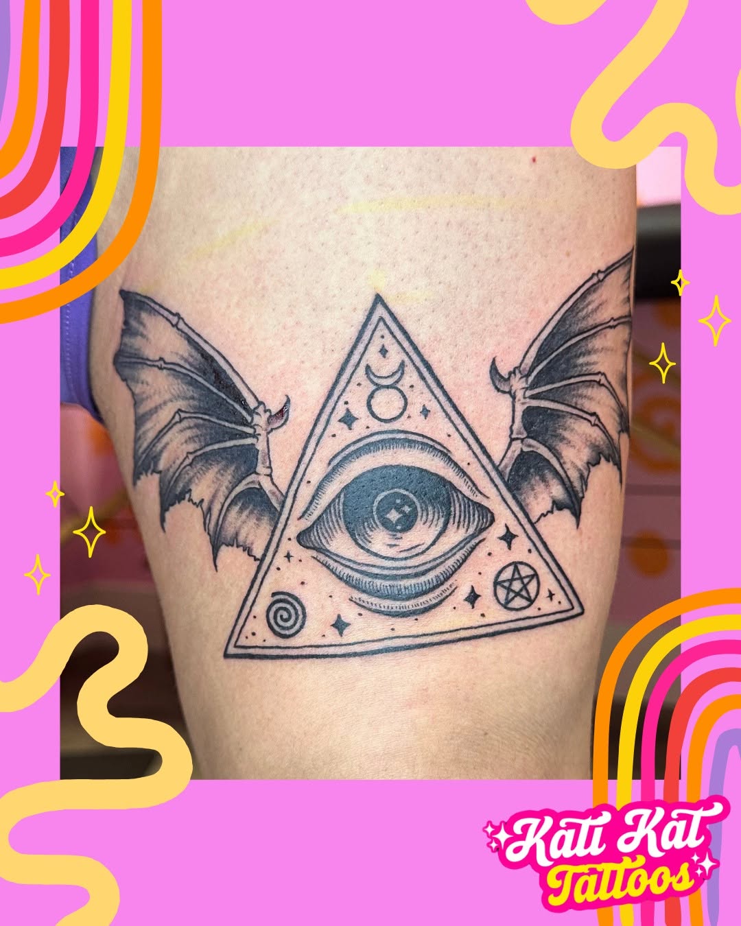 Geometric tattoo on the thigh by @katikattattoos, Las Vegas, Nevada