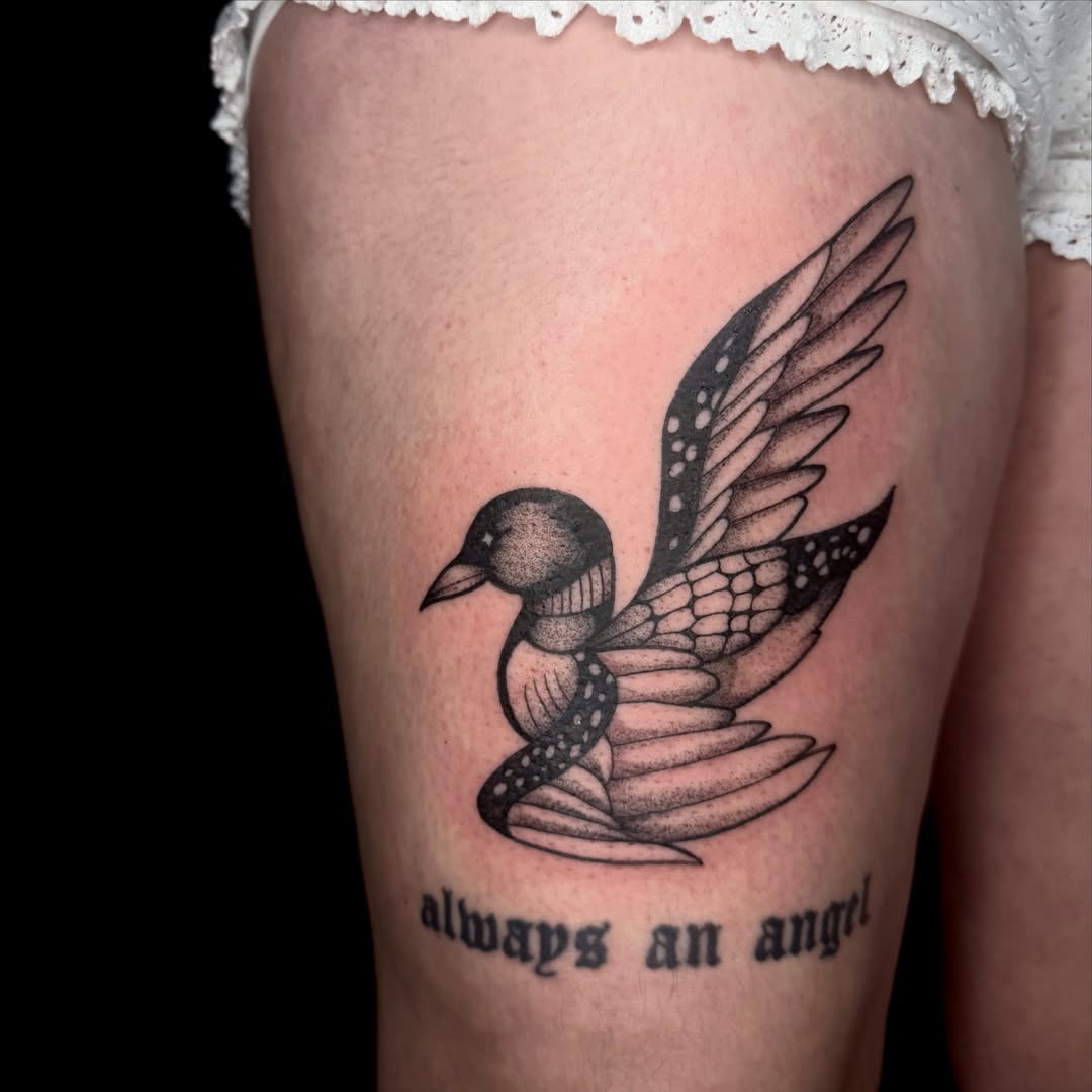 Bird dotwork tattoo on the thigh by ✧˖°. Jordan